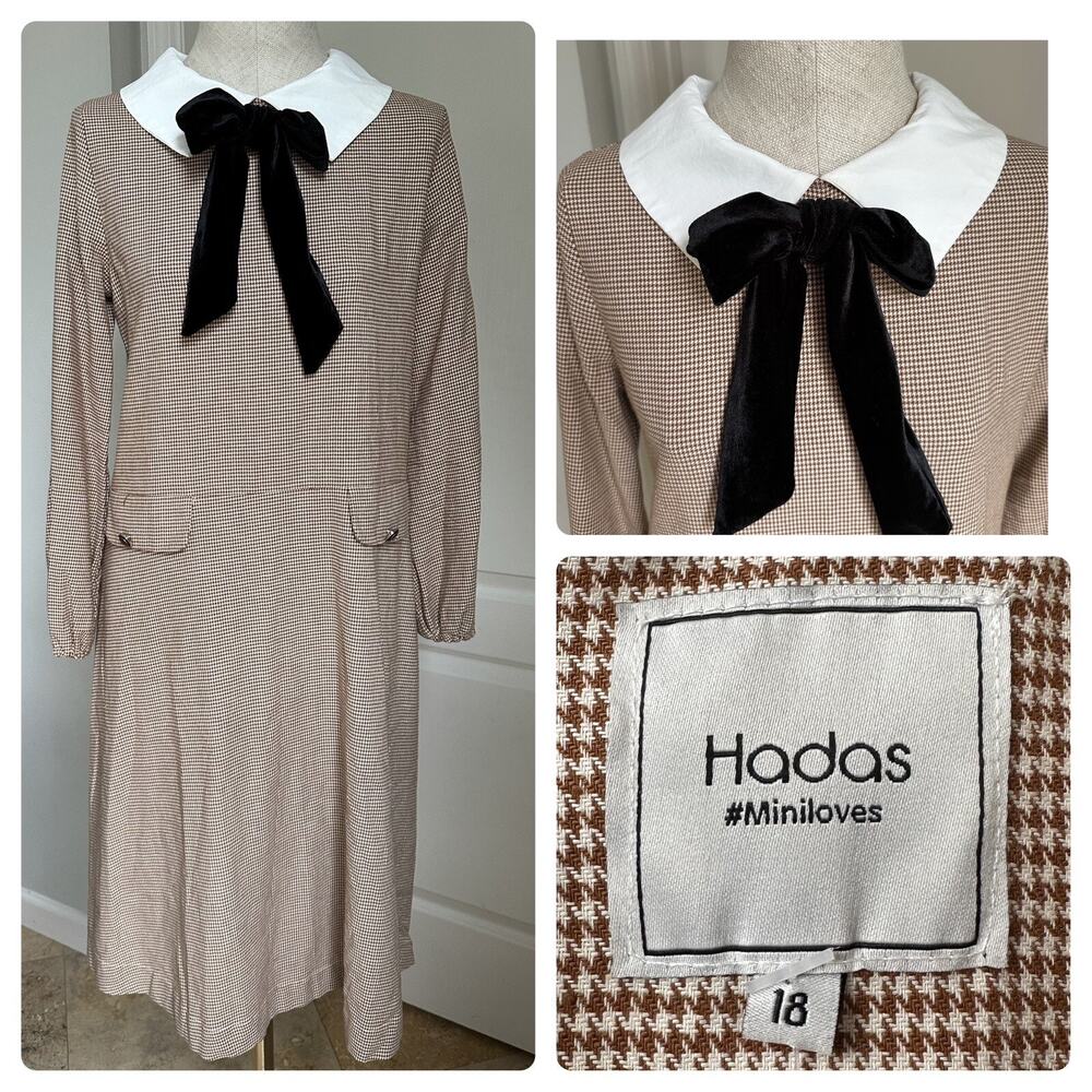 Retro Dress By Hadas In Houndstooth print with Peter Pan Collar & Ribbon Bow tie